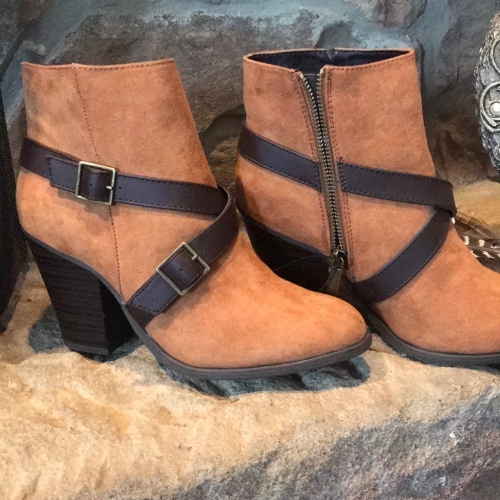 Tan/butterscotch colored booties, faux suede